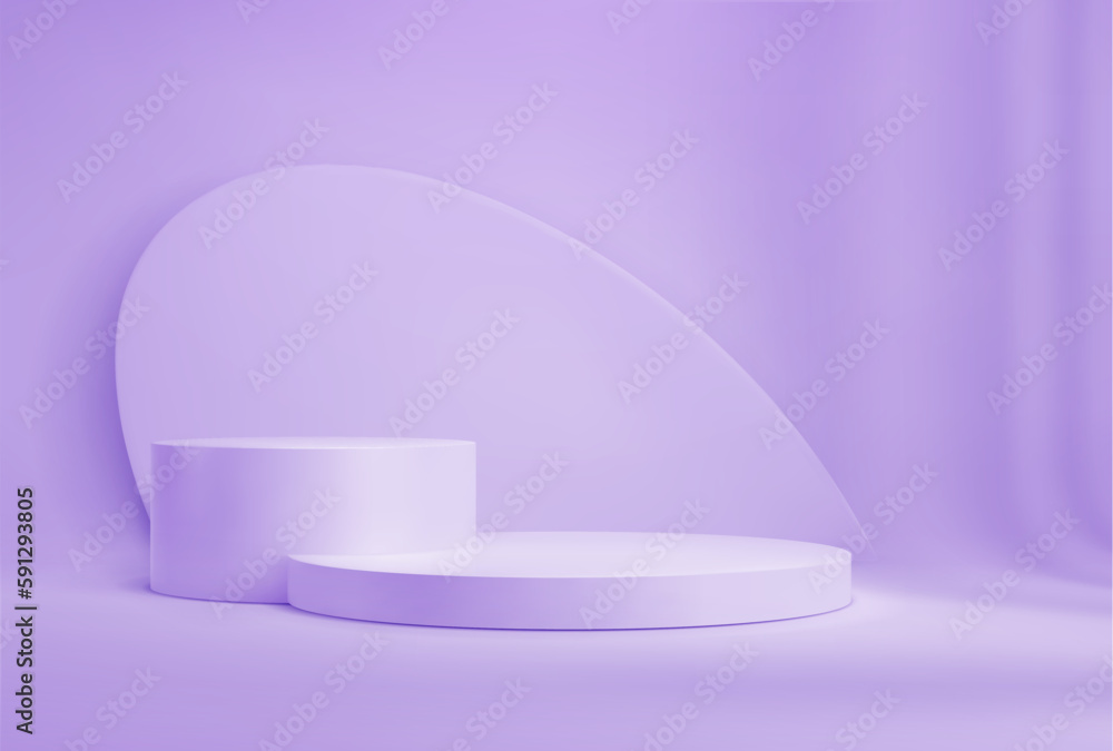 Purple podium background or product display platform, vector stage scene. Studio podium or show pedestal in violet purple pastel light, product display stand with wall, showcase room platform