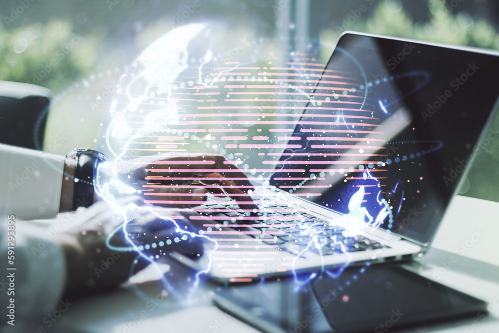 Obraz premium Double exposure of abstract digital world map with connections and hand typing on computer keyboard on background, big data and blockchain concept