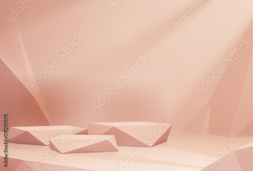 Beige or coral podium. Exhibition gallery clean scene, cosmetics product presentation empty pedestal or fashion showcase stands realistic vector backdrop. Studio showroom mock up space