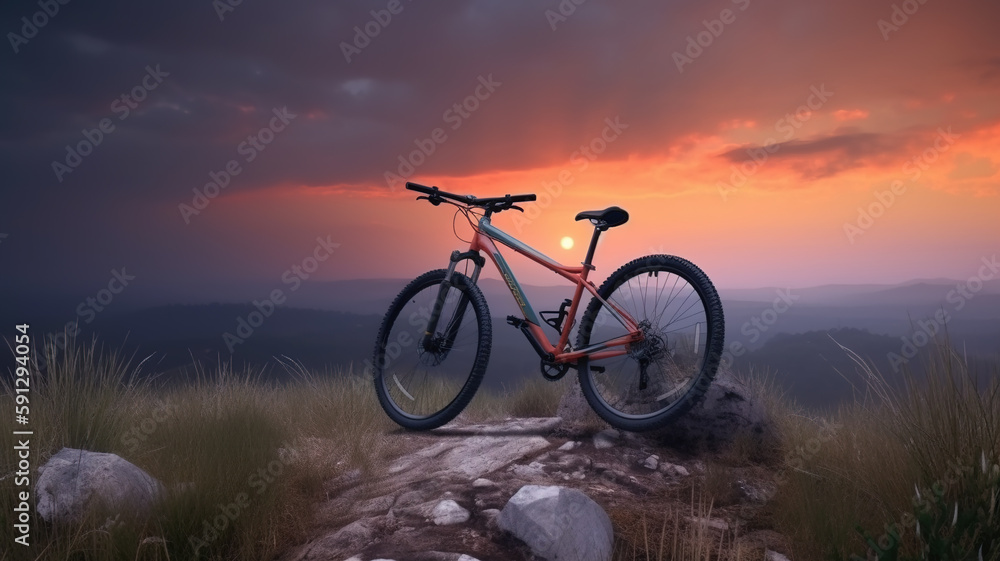 Bike on mountain trail at sunset, landscape with sports bicycle, generative AI.