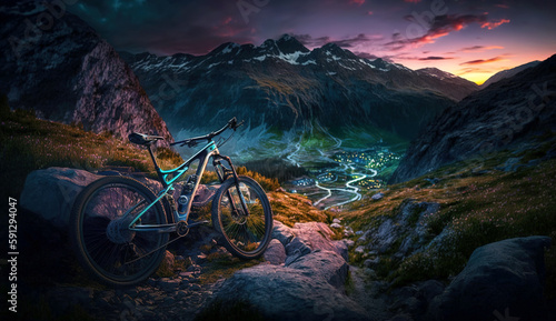 Bike on mountain trail at sunset, sports bicycle in rocky landscape, generative AI. © karina_lo