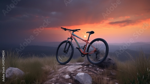 Bike on mountain trail at sunset, landscape with sports bicycle, generative AI.