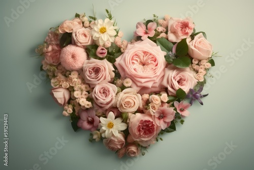 A romantic heart symbolizing love and made of blooming flowers and leaves