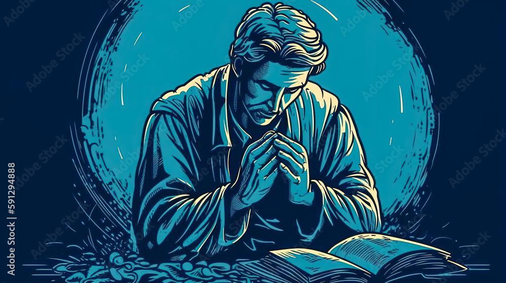 Christian man praying with hands folded, generative AI.