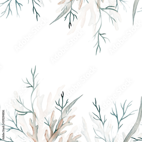 Watercolor banner with green seaweeds  corals. Marine frame. Decorative element for greeting card. Illustration