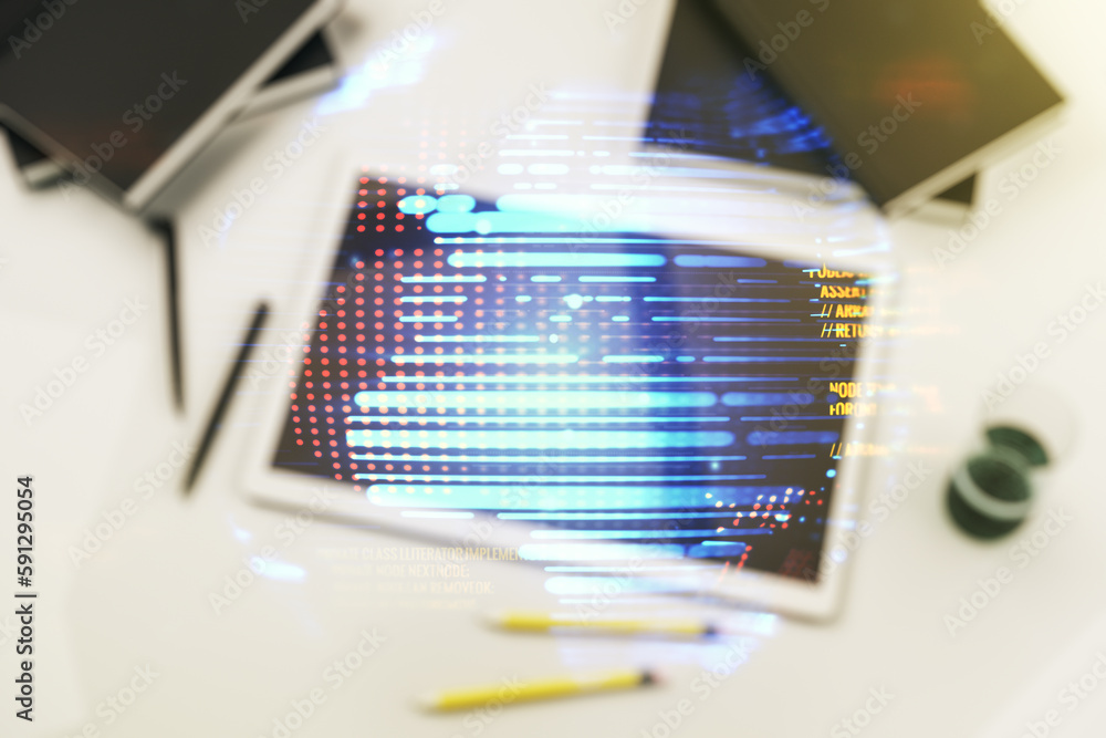 Multi exposure of abstract graphic coding sketch with world map and modern digital tablet on desktop on background, top view, big data and networking concept Multi exposure of abstract graphic coding sketch with world map and modern digital tablet on desktop on background, top view, big data and networking concept