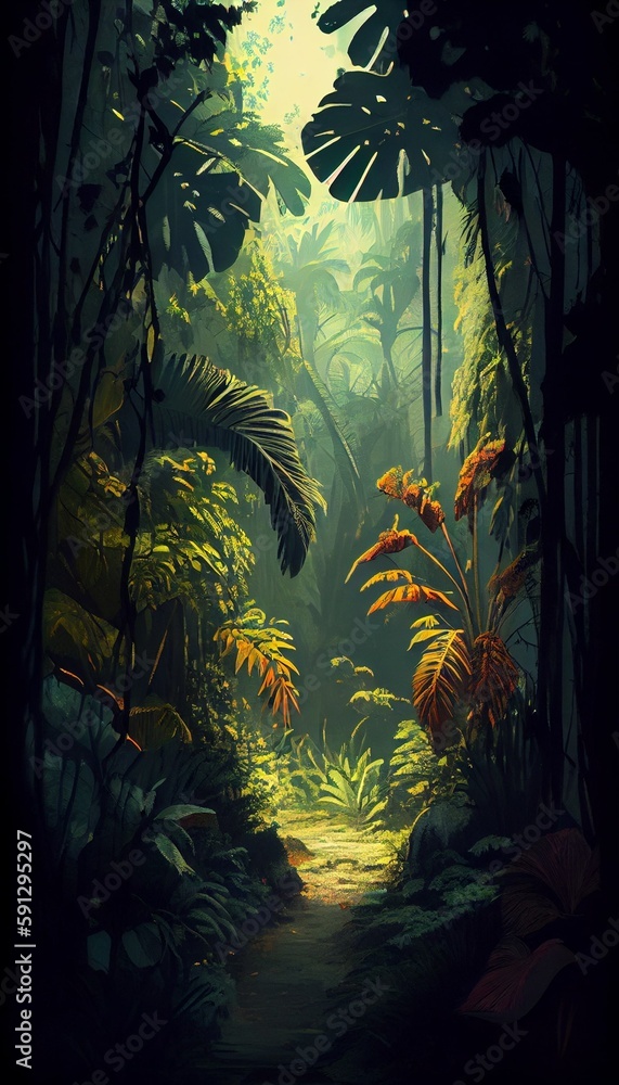 Obraz premium Rainforest jungle composition. Generative AI illustration