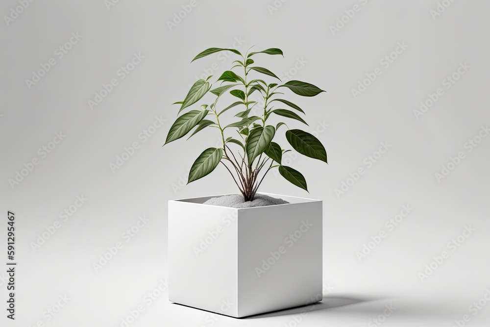 white square planter with a green plant in it against a minimalist background. Generative AI white square planter with a green plant in it against a minimalist background. Generative AI