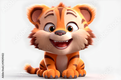 Tiger 3d ilustration on a white background. Adorable fluffy animal. Generated by AI.