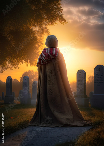 Little girl at the cemetery at sunset honoring her late father. Memorial day concept. Ai generative photo