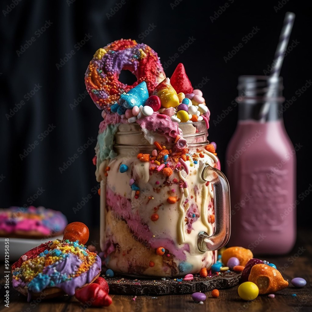 Extreme milk shake or freak shake. Copyspace, strawberry freak shake with sweets. freak shake, ice cream. milkshake with different candies decorated. ice cream with topping and candy.