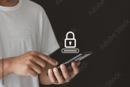 Asian man hand using the smart mobile phone to access on smartphone for validate password for biometric two steps authentication to unlock security, Business Technology Cyber Security Concept.