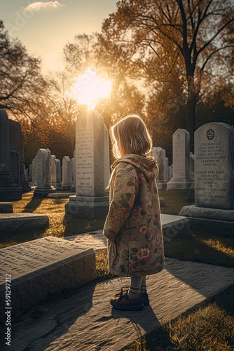 Little girl at the cemetery at sunset honoring her late father. Memorial day concept. Ai generative photo