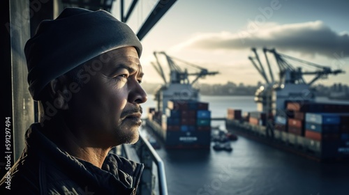 Senior Serenity: Man Reflecting on the Horizon over a Busy Harbor Ships spotting lot of containers, GENERATIVE AI © nishihata