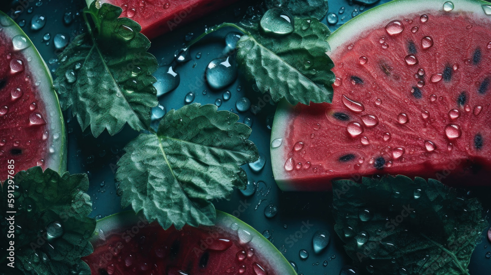 watermelon with leaves cut into slices and laid on a beautiful emerald background in drops of water. generative AI