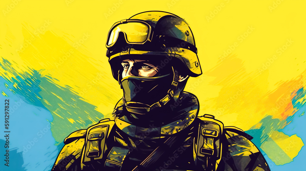 Fototapeta premium Illustration of a brave Ukrainian soldier, generative AI.