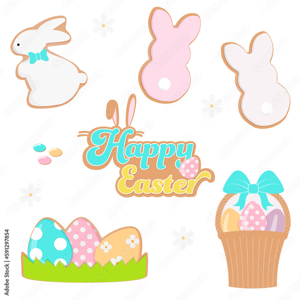 Happy Easter ornamental elements no background, bunny cookies, easter eggs, canasta de pascua Happy Easter ornamental elements no background, bunny cookies, easter eggs, canasta de pascua