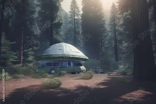 flying saucer Alien abduction scene over a campsite