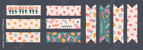 Set of Notebook Kawaii Washi Tape strips. Cute element of sticky notes, decorative scotch. Printable stickers for Daily planner, scrapbook, and schedule