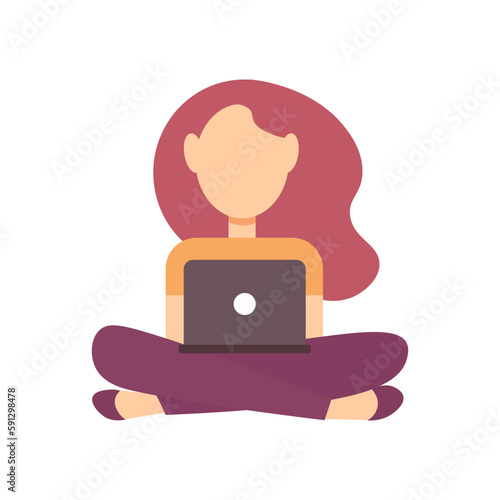 Work and study at home. Flat vector illustration isolated on a white background. A girl with a laptop is working and sitting on the floor