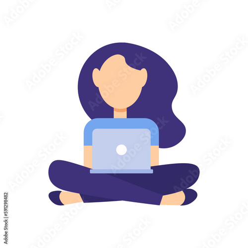 Work and study at home. Flat vector illustration isolated on a white background. A girl with a laptop is working and sitting on the floor
