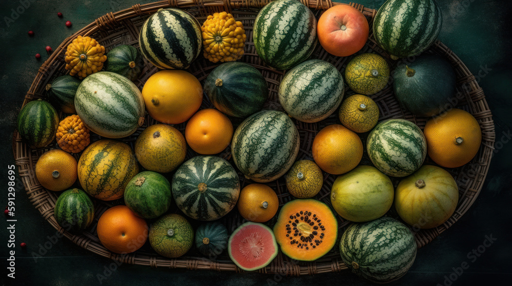  watermelons beautifully assorted stacked on the background, a large set of different watermelons and melons. generative AI