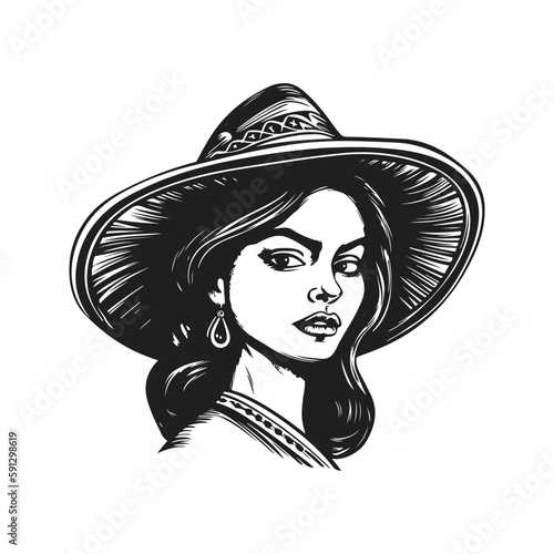 woman wearing sombrero hat, vintage logo concept black and white color, hand drawn illustration