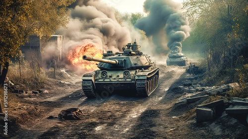 Military theme, tanks on the battlefield, generative AI.