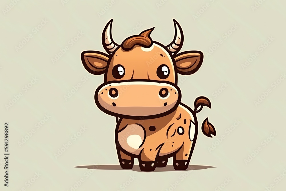 Brown Cow with Horns Standing in Front of a Gray Background. Generative AI