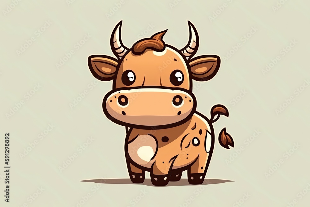 Fototapeta premium Brown Cow with Horns Standing in Front of a Gray Background. Generative AI