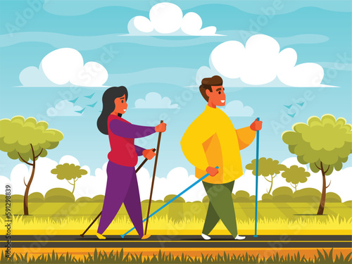 Nordic walking. Happy people walking with Scandinavian sticks. Sports walking concept. Sports and health theme. Rural landscape with field and grass. Green area with blue sky and clouds. Vector