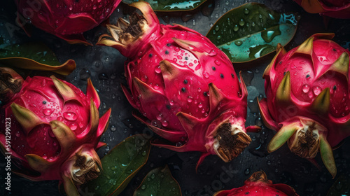 Tropical pitahaya fruit in water drops in the leaves. Dragon fruit. Studio light. Created with AI.