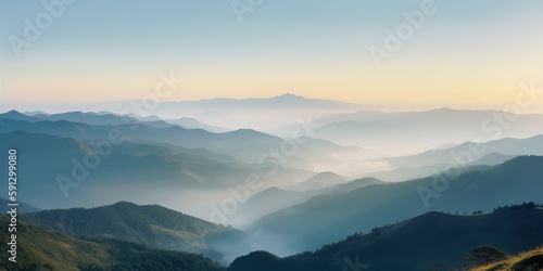 panoramic view from peak of mountain reveals breathtaking vista of rolling hills and valleys, concept of Landscape photography, created with Generative AI technology © koldunova