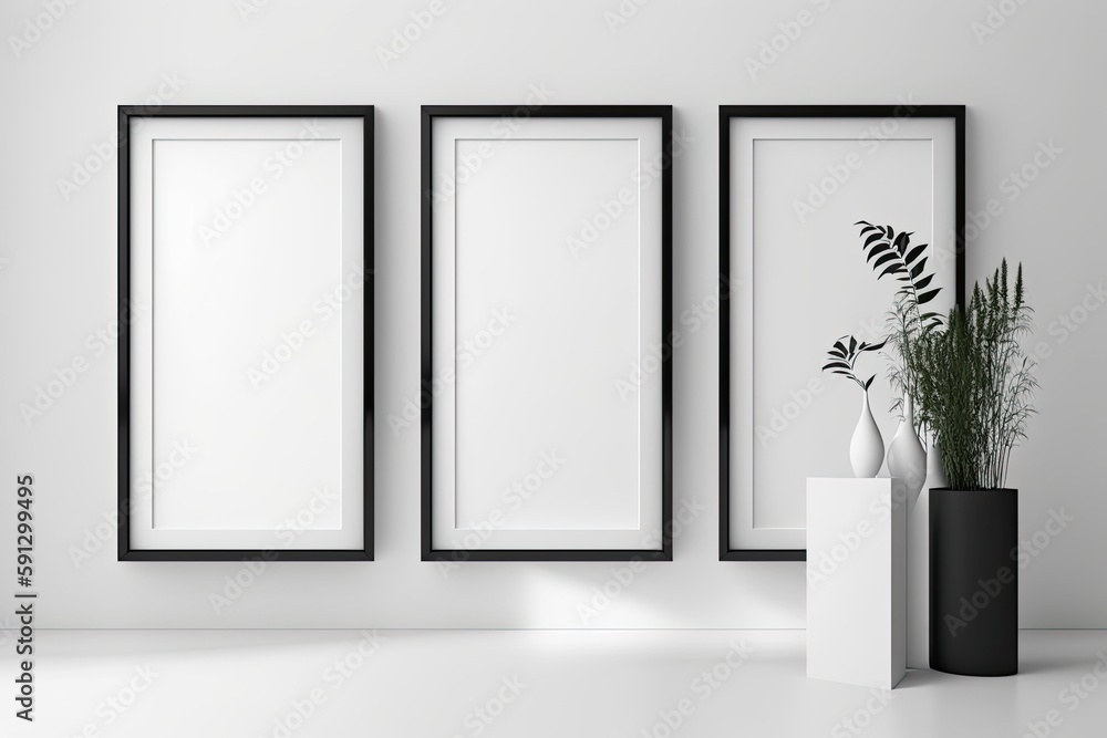 minimalistic white room with black frames and a touch of nature. Generative AI minimalistic white room with black frames and a touch of nature. Generative AI