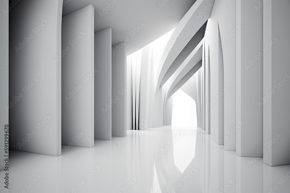 an Empty White Room with Columns and White Floor. Generative AI an Empty White Room with Columns and White Floor. Generative AI