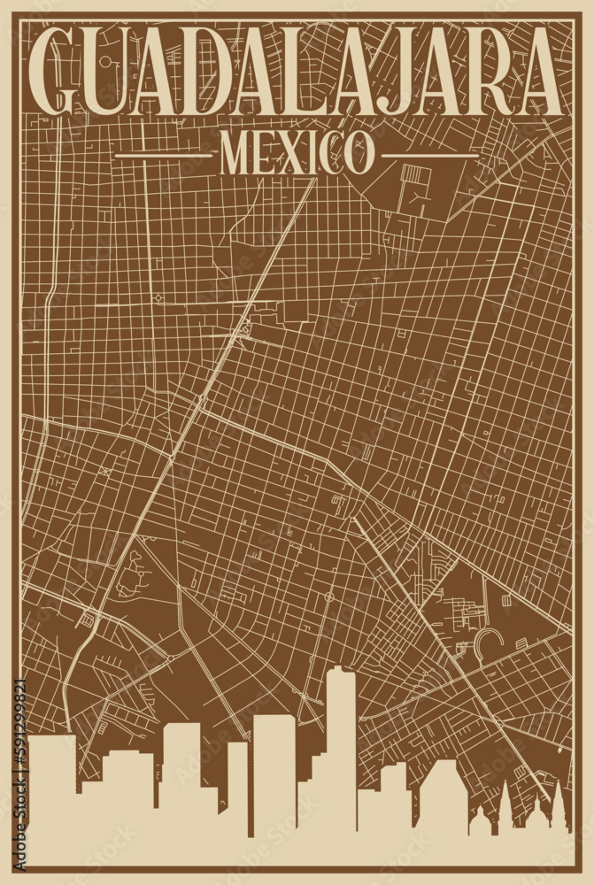Colorful hand-drawn framed poster of the downtown GUADALAJARA, MEXICO with highlighted vintage city skyline and lettering Colorful hand-drawn framed poster of the downtown GUADALAJARA, MEXICO with highlighted vintage city skyline and lettering