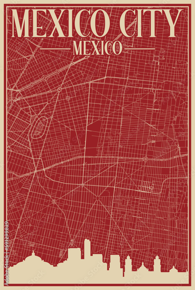 Colorful hand-drawn framed poster of the downtown MEXICO CITY, MEXICO with highlighted vintage city skyline and lettering Colorful hand-drawn framed poster of the downtown MEXICO CITY, MEXICO with highlighted vintage city skyline and lettering
