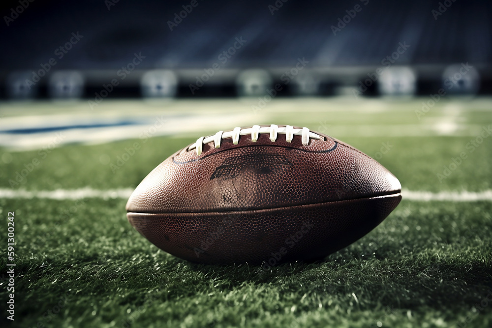 The ball for American football lies on the grass, close view. Generative AI illustration The ball for American football lies on the grass, close view. Generative AI illustration