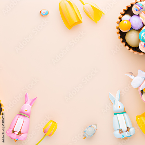 Happy Easter. Congratulations easter background. Easter eggs and chick. Background with copy space.
