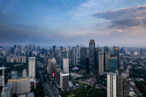 aerial photos of Sudirman street and Jakarta Skyline in the golden hour.  © alfin
