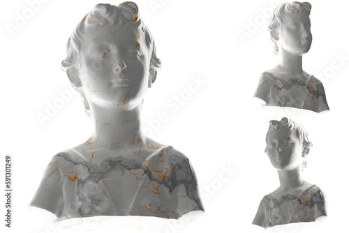 A stunning 3D render of a young John the Baptist statue, white marble stone shimmering gold accents
