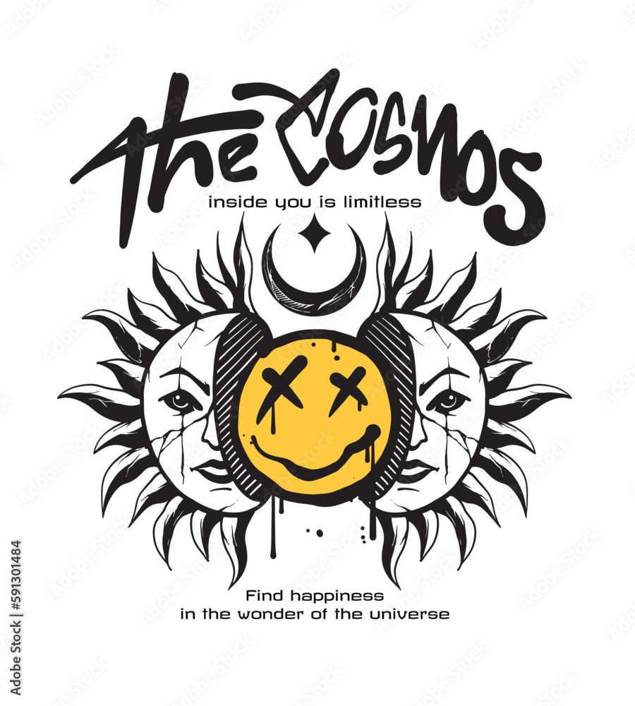 Street style graphic illustration featuring a happy face emoji and sun illustration with a slogan emphasizing the beauty of universe