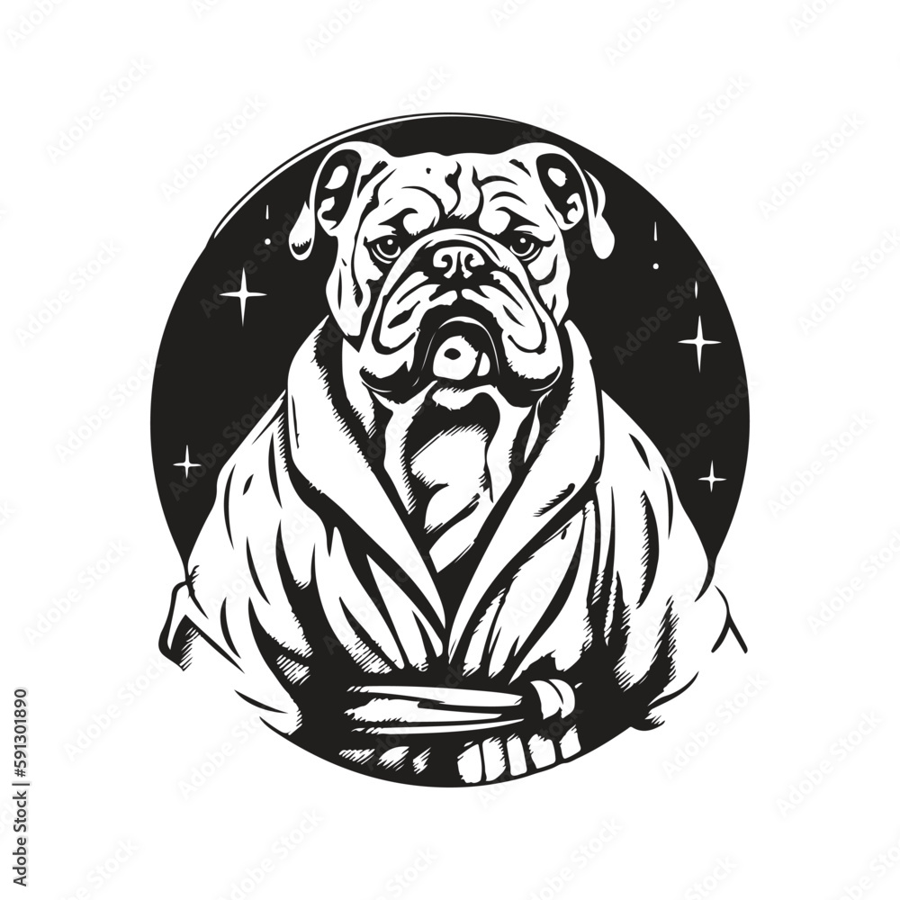 bulldog wearing bathrobe, vintage logo concept black and white color, hand drawn illustration