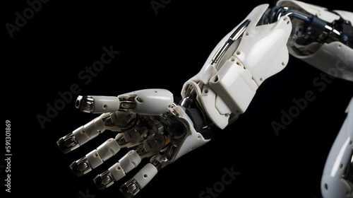 The robotic hand sticks out from the virtual world. Generative ai