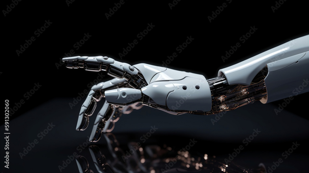The robotic hand sticks out from the virtual world. Generative ai The robotic hand sticks out from the virtual world. Generative ai