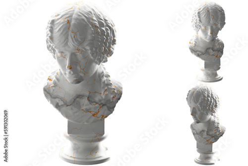 Renaissance statue in white marble and gold for apparel, album covers, and social media