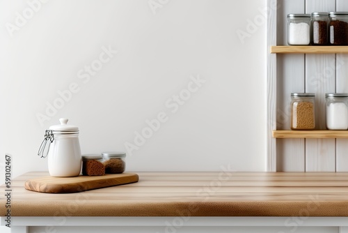 rustic wooden table adorned with various jars of preserved food. Generative AI