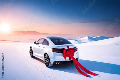 Present concept. Close up full length size photo of toy white car in with red ribbon isolated on blue background with copyspace