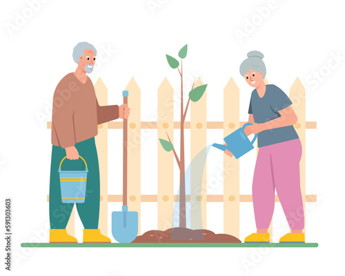 Elderly couple of man and woman gardening, planting, growing, watering plants. Senior people active healthy lifestyle and hobby concept. Vector cartoon or flat illustration.