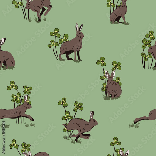 Leśny wzór. Zające i koniczyna. Dzikie króliki na jasnym zielonym tle. Powtarzalny niekończący się wzór. Ilustracja wektorowa.